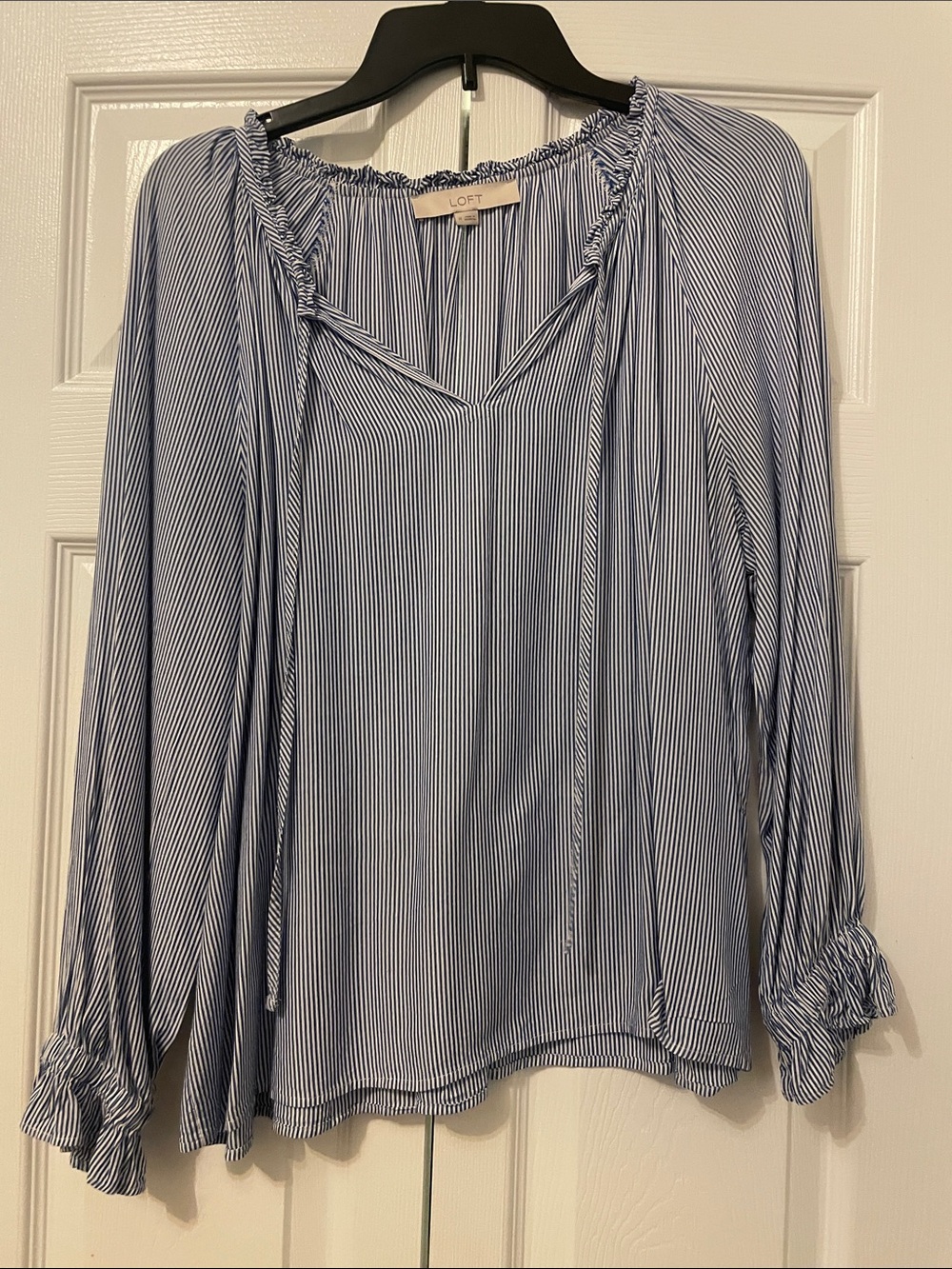 LOFT Blue & White Striped Tie-Neck Blouse